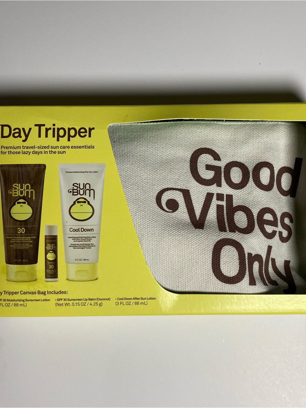 Day Tripper Sun Care Set with White 'Good Vibes Only' Canvas Bag